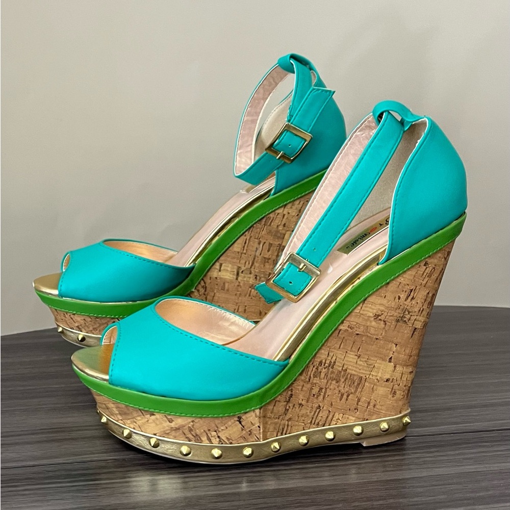 Promise Turquoise and Lime Green Cork Wedge Sandals